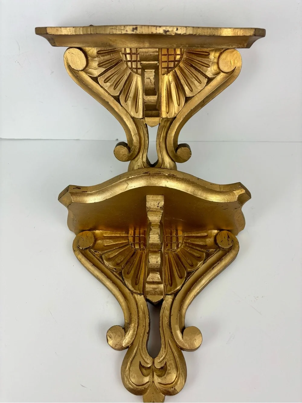 Vintage Wood Wall Bracket Shelf Pair (2) Ornate Carved-Painted Gold